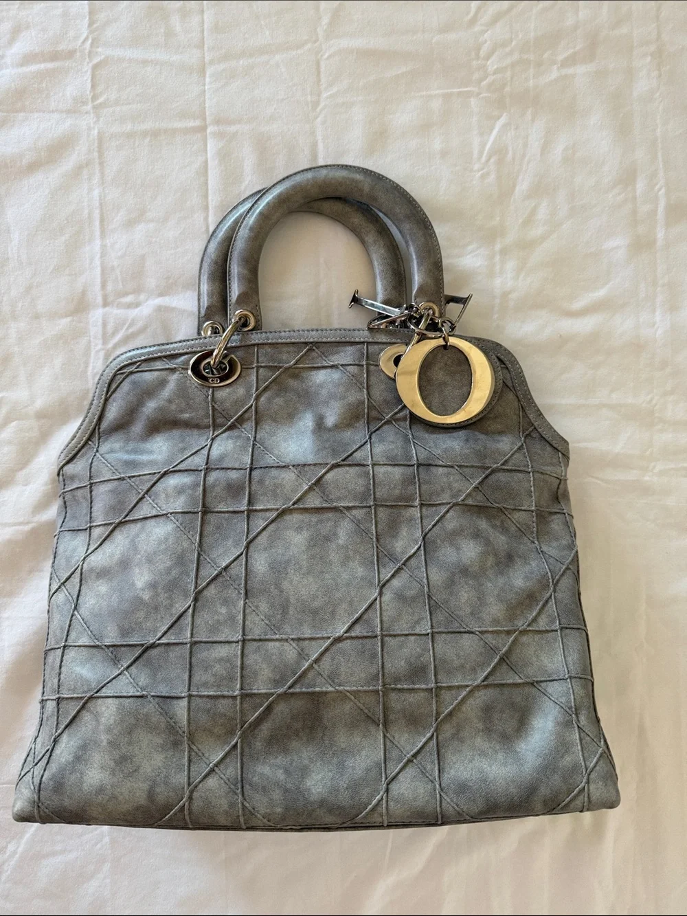 Dior Grey Quilted Top-Handle Satchel with Silver Hardware